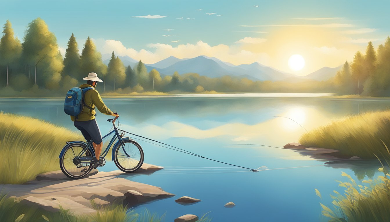 A fisherman casting a line into a tranquil lake, with a bicycle and running shoes nearby, under a bright sun and clear blue sky