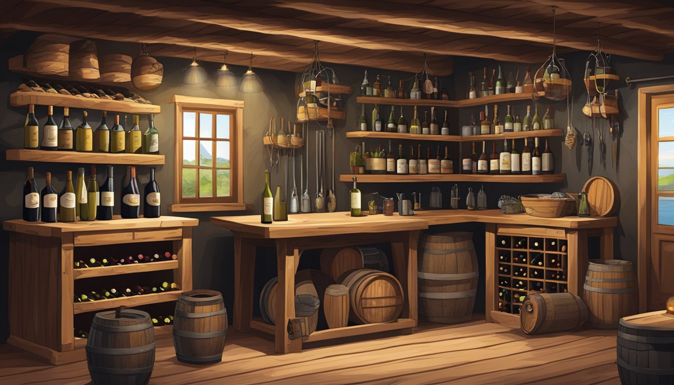 A rustic wine cellar with fishing gear on the walls, shelves stocked with bottles, and a table set with fresh fish and wine pairings