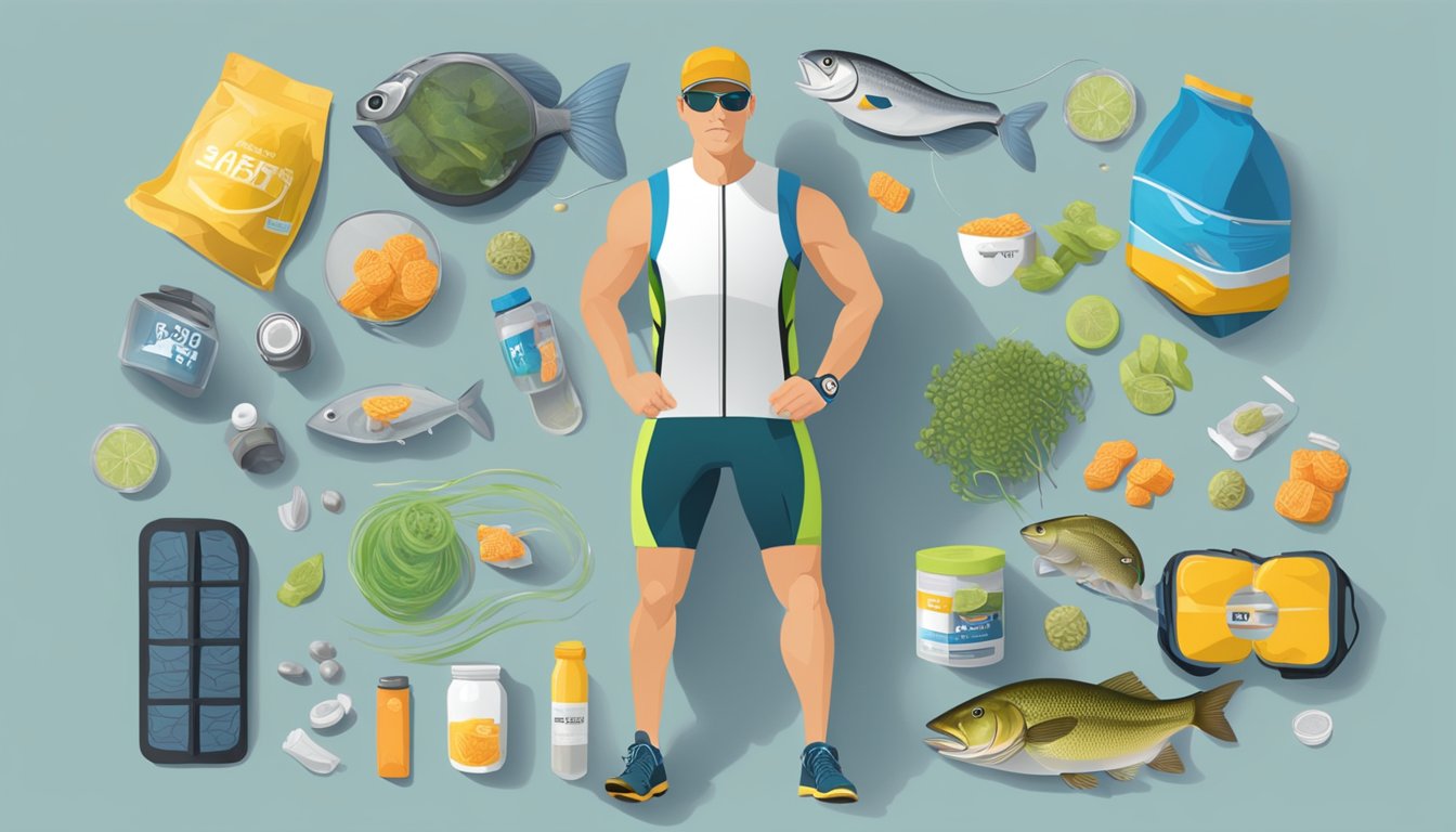 A triathlete transitions from fishing to running, surrounded by nutrition supplements and fishing gear