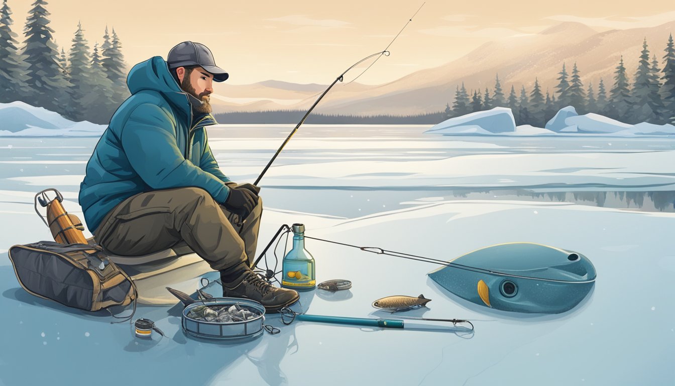 An ice angler sits on a frozen lake, surrounded by fishing gear and a hole in the ice. A feast of freshly caught fish awaits on a nearby table