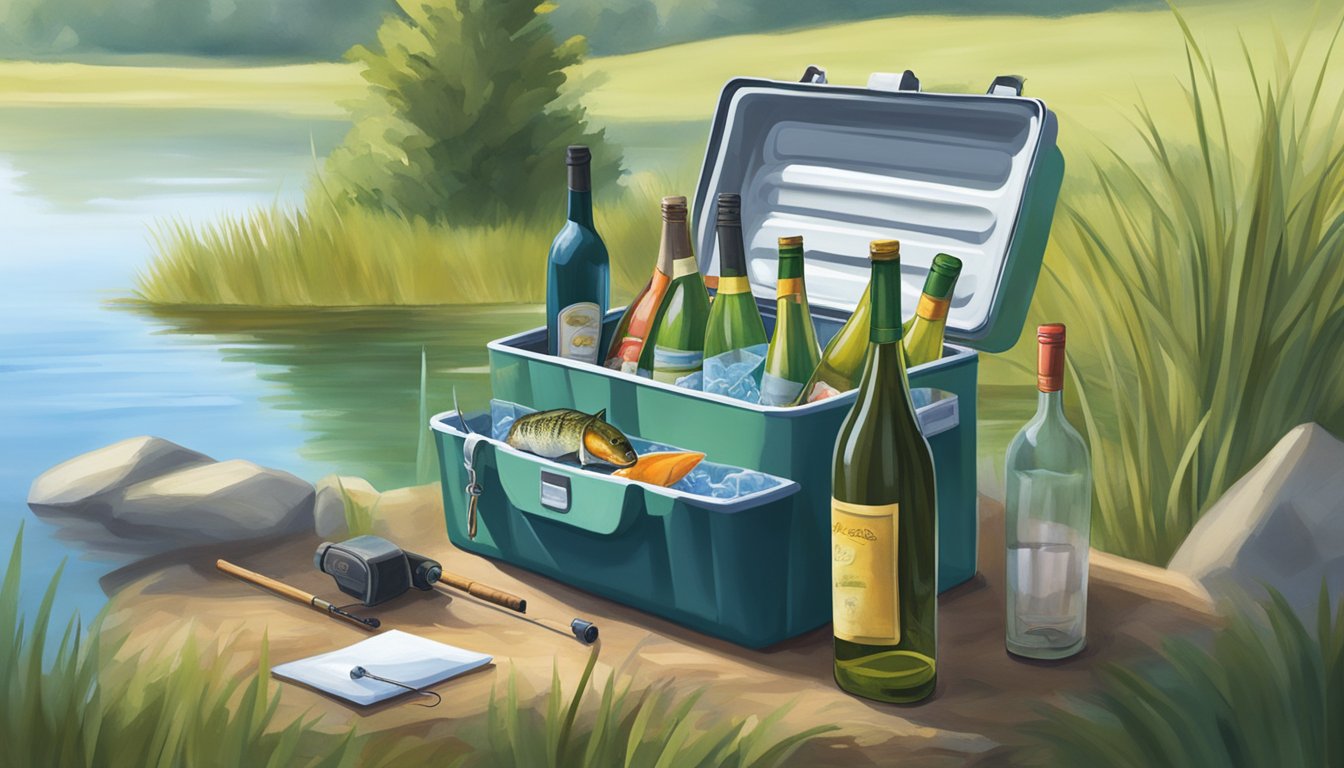 A serene lake with a fishing rod, tackle box, and wine bottles nestled in a cooler by the water's edge