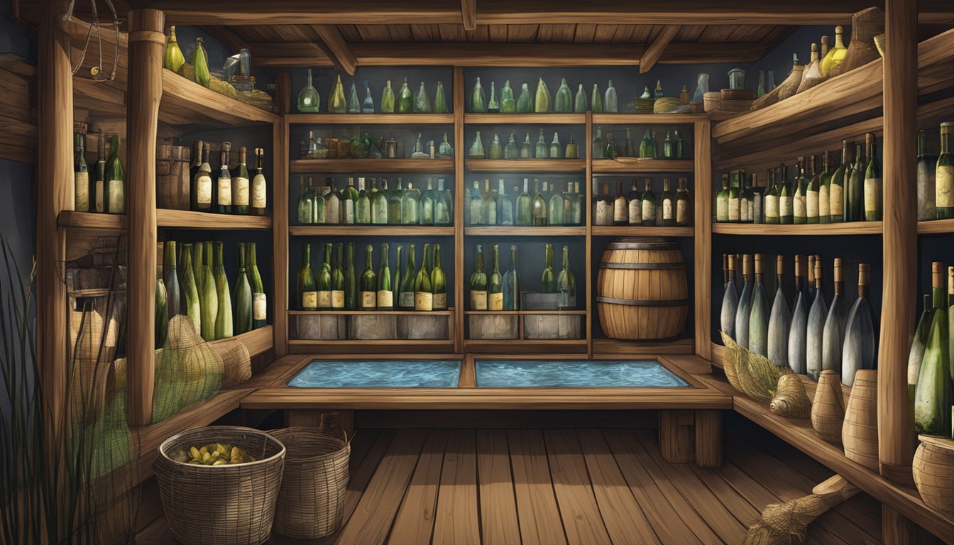 A rustic wine cellar with shelves of bottles, a fishing net, and a variety of fish displayed on ice