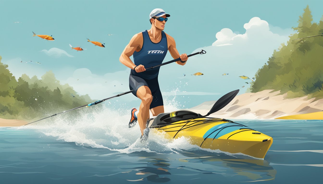 A triathlon athlete transitions from fishing to running, with gear scattered on the shore and a kayak in the background