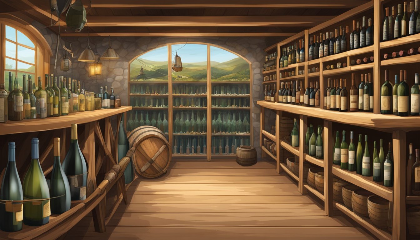 A rustic wine cellar with fishing gear on the walls and a display of wine bottles paired with images of freshwater and saltwater catches