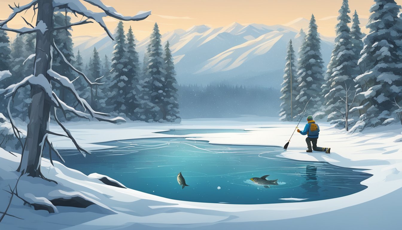 A lone ice angler sits on a frozen lake, surrounded by snow-covered trees. A line dangles from a hole in the ice, while a variety of fish swim beneath