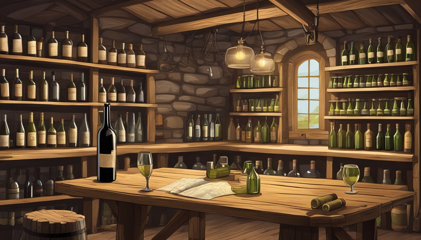 A rustic wine cellar with shelves of bottles, a wooden table with a map, and fishing gear hung on the wall