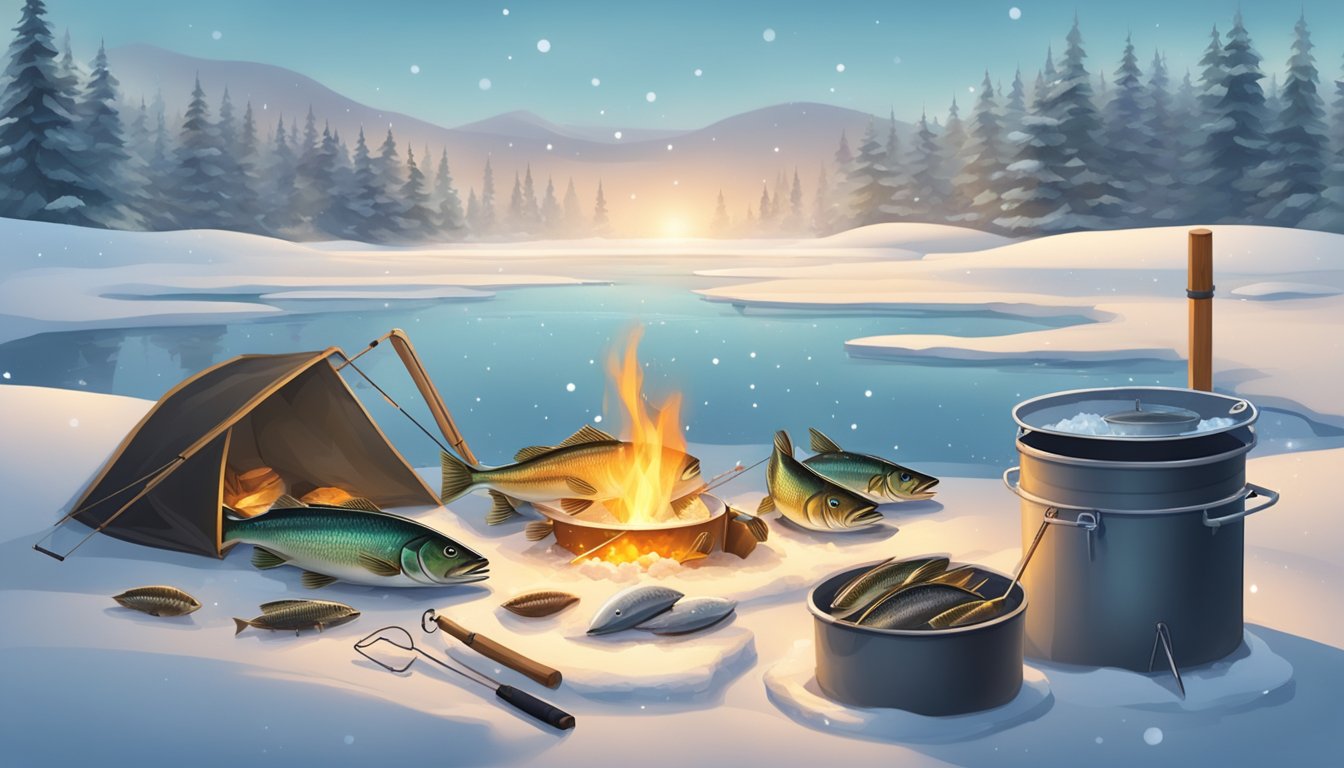 A cozy ice fishing scene with a hole in the frozen lake, a small fire, and a collection of freshly caught fish and cooking equipment