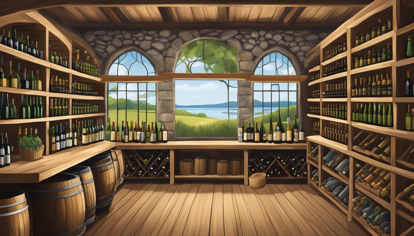 A rustic wine cellar with shelves of bottles, fishing gear, and a picturesque view of both freshwater and saltwater landscapes