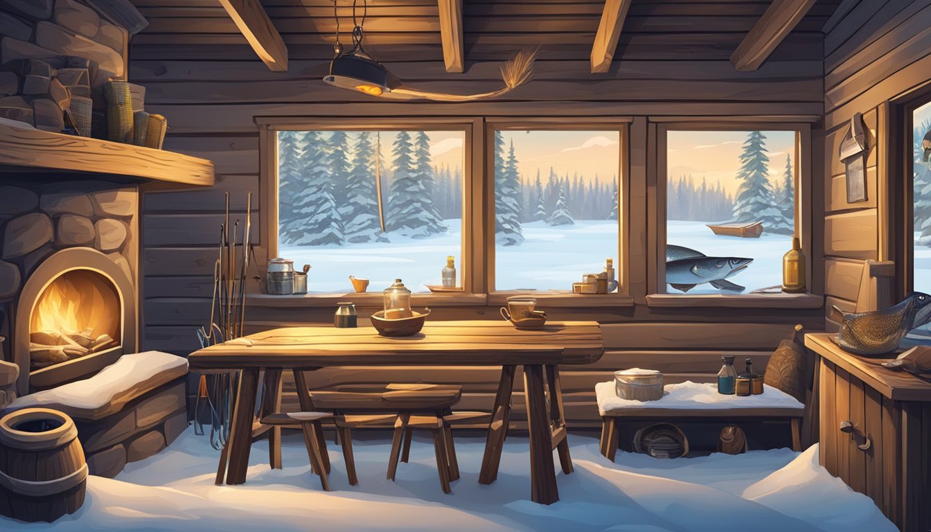 A cozy cabin interior with a rustic wooden table set with freshly caught fish, surrounded by ice fishing gear and snow-covered trees outside