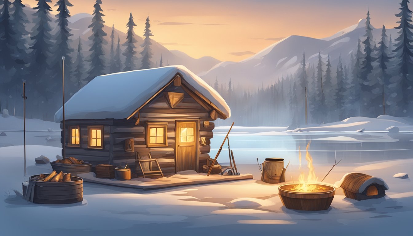 A cozy ice fishing scene with a rustic wooden hut, a frozen lake, fishing holes, and a small campfire surrounded by freshly caught fish and cooking utensils