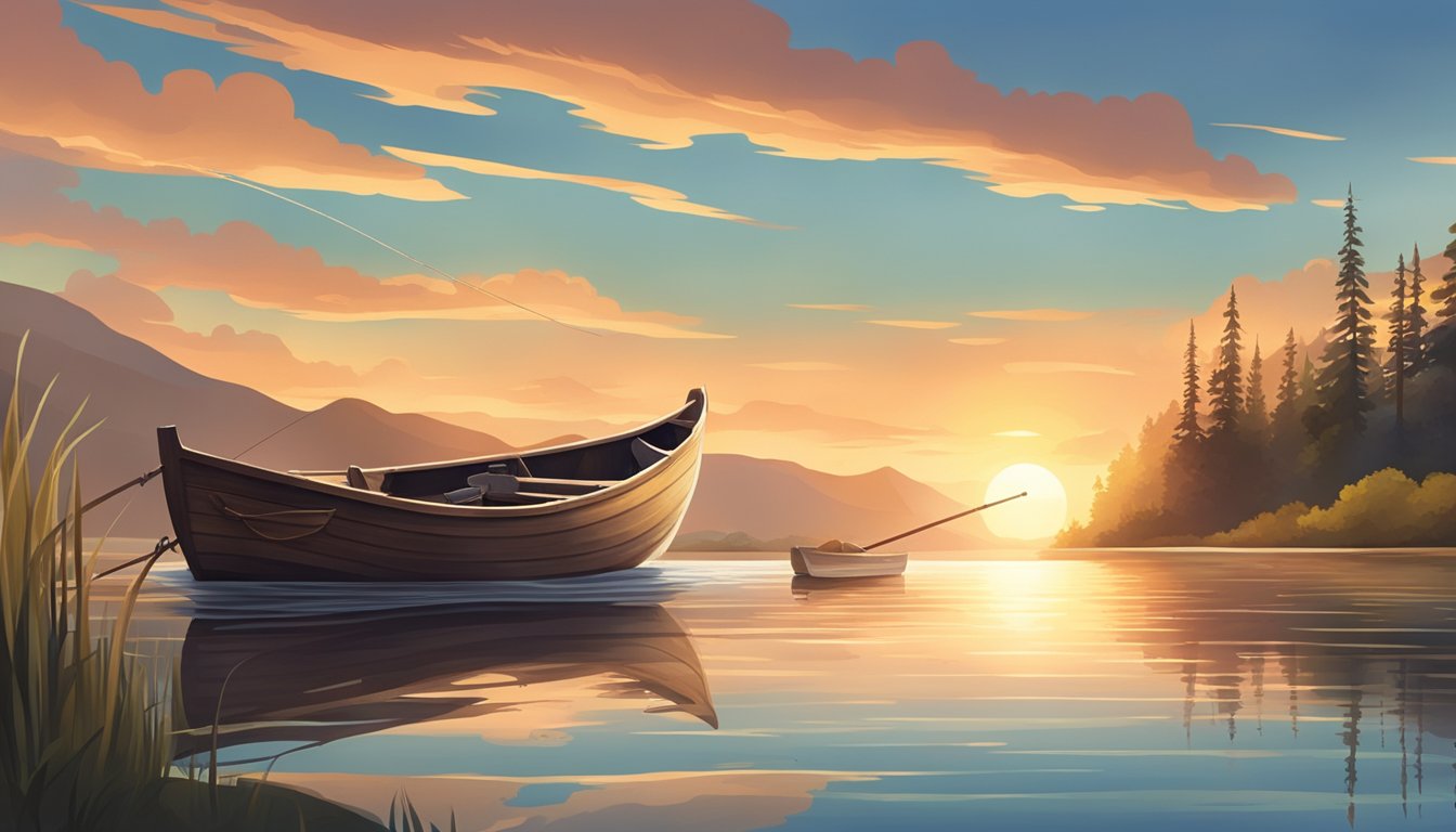 A serene lakeside scene with a small wooden boat, fishing gear, and a picturesque sunset