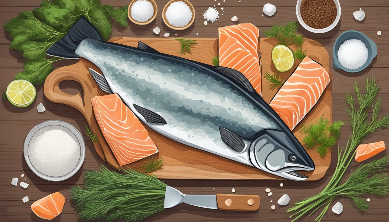 A hand reaching for a fresh side of salmon on a wooden cutting board, surrounded by ingredients like salt, sugar, and dill