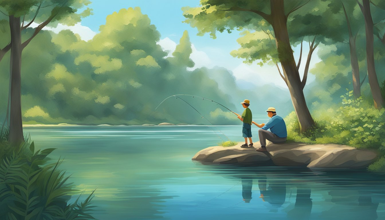 A serene lakeside scene with a grandfather and child fishing using sustainable angling methods, surrounded by lush greenery and clear blue water