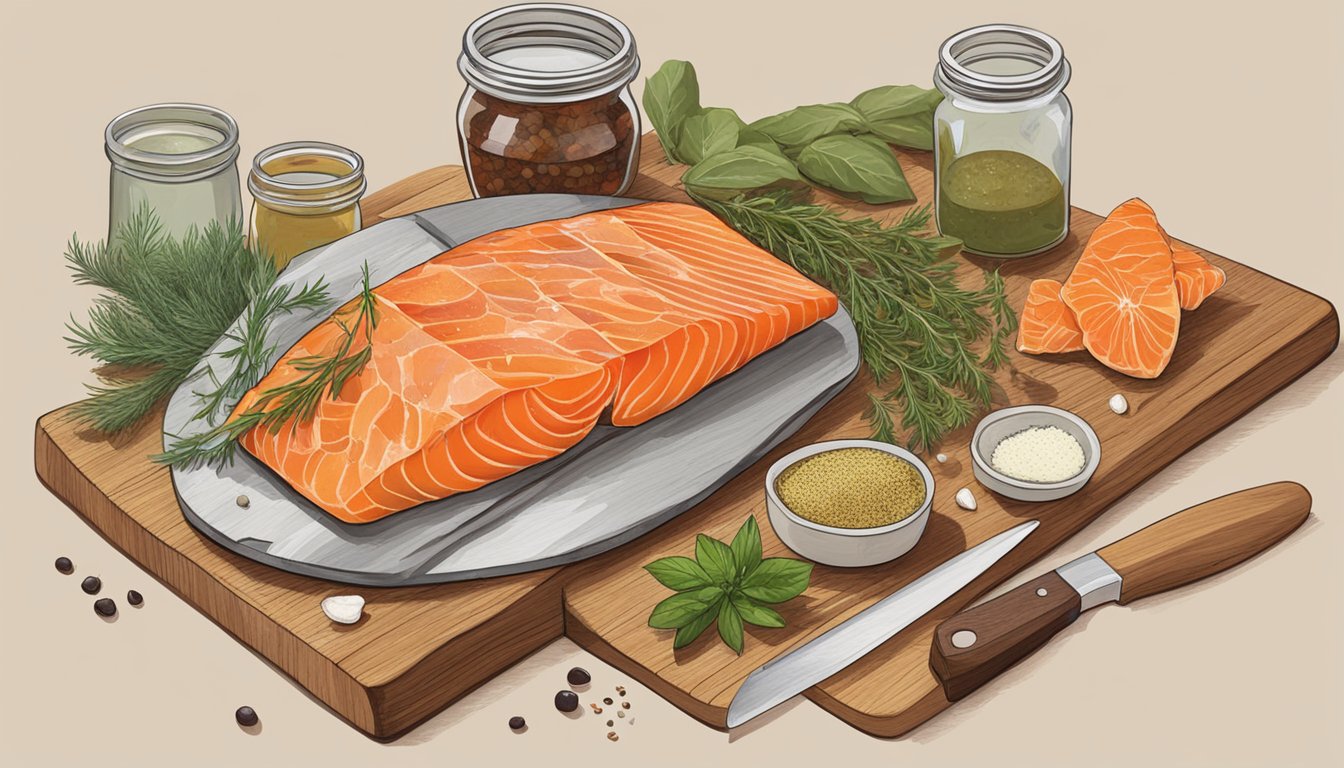 A rustic wooden table displays various fish, herbs, and spices, alongside a cutting board and knife. A glass jar holds a brine mixture, while a bowl contains freshly cured gravlax and lox