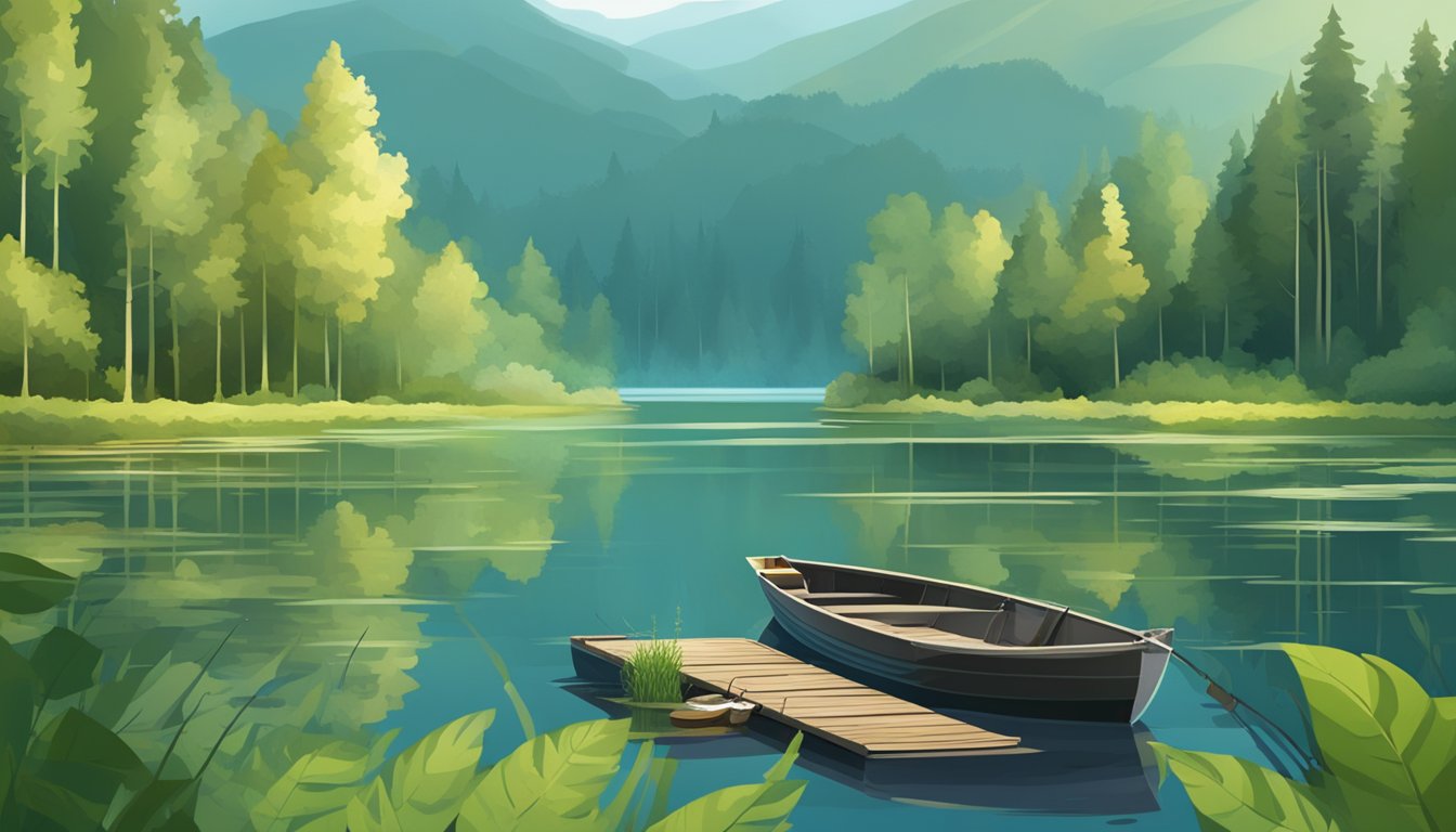 A serene lake surrounded by lush greenery, with a fishing rod and net lying on the dock. A small boat floats on the calm water, ready for a day of sustainable angling