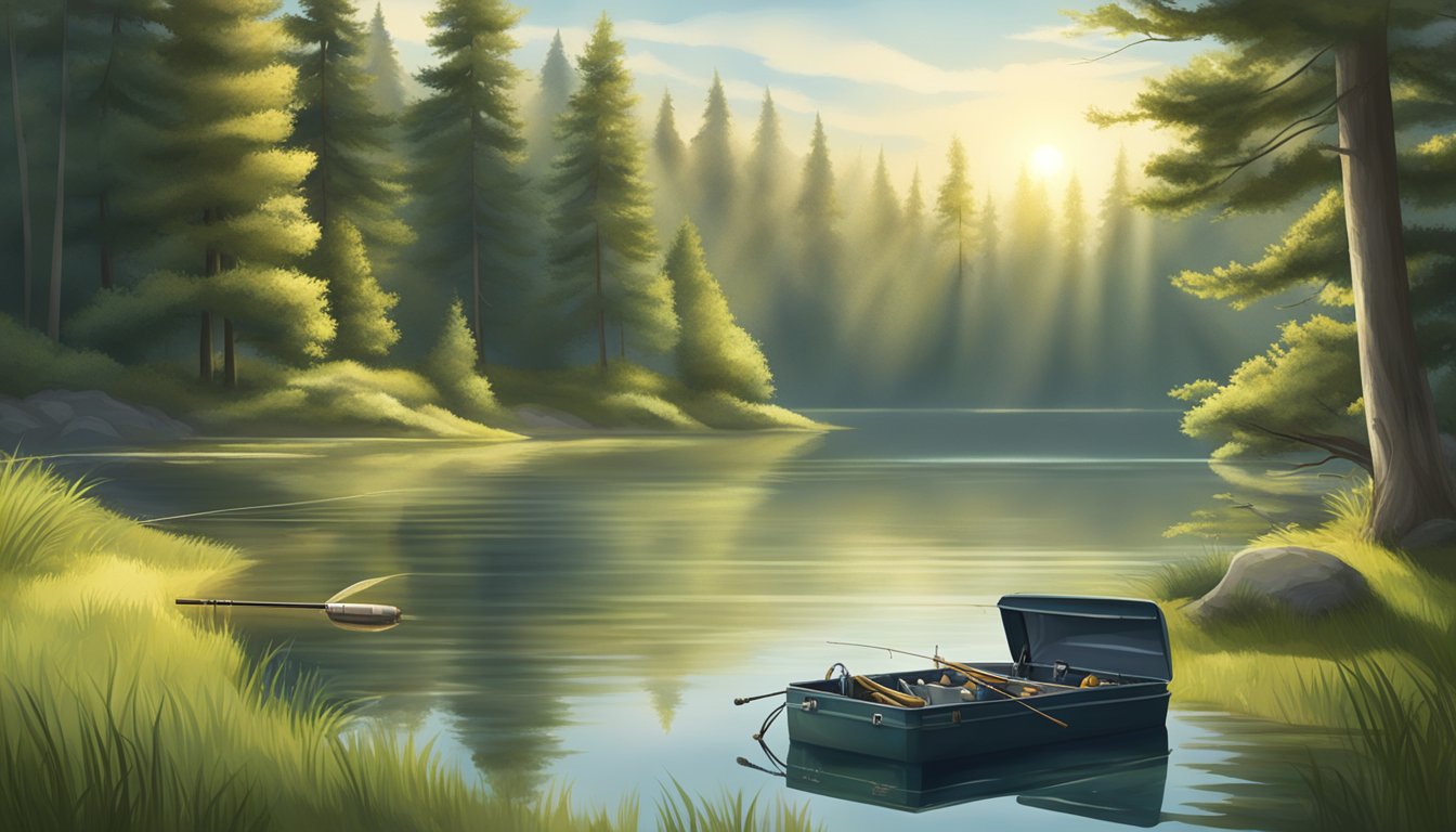 A serene lake surrounded by tall trees, with a fishing rod and tackle box lying on the grassy bank. The sun is shining, and the water is calm, creating a peaceful atmosphere for sustainable angling