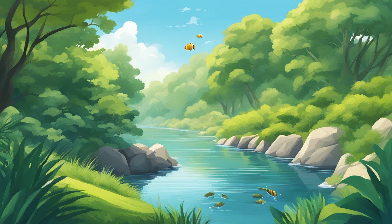 A serene river with a fish jumping out of the water, surrounded by lush greenery and a clear blue sky