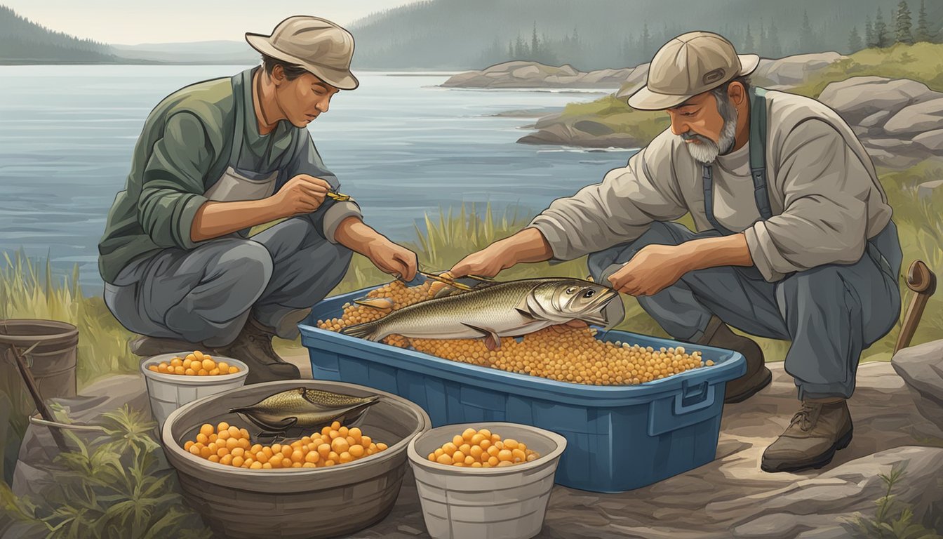 A fisherman carefully extracts roe from a freshly caught fish, while another prepares to harvest caviar from the same fish's eggs