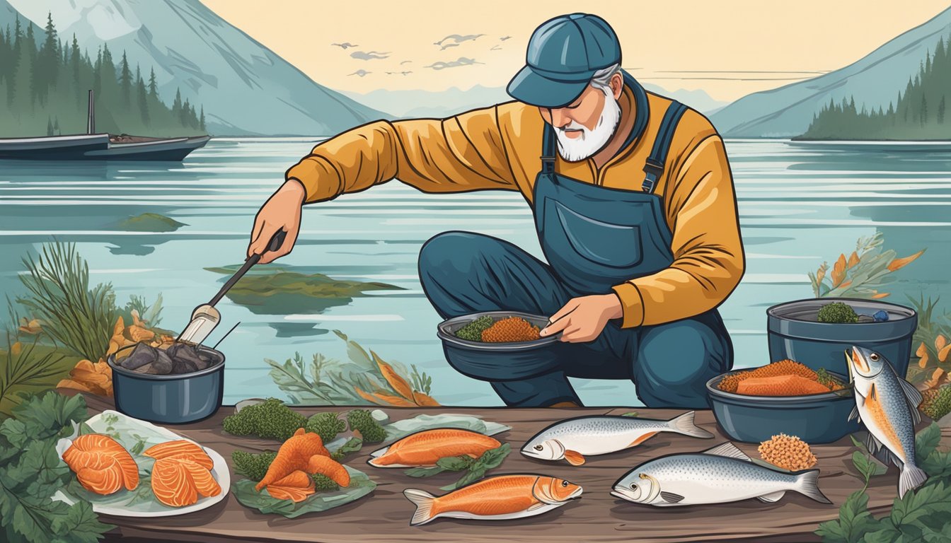 A fisherman fillets a fish, carefully collecting roe and other edible parts for a culinary spread