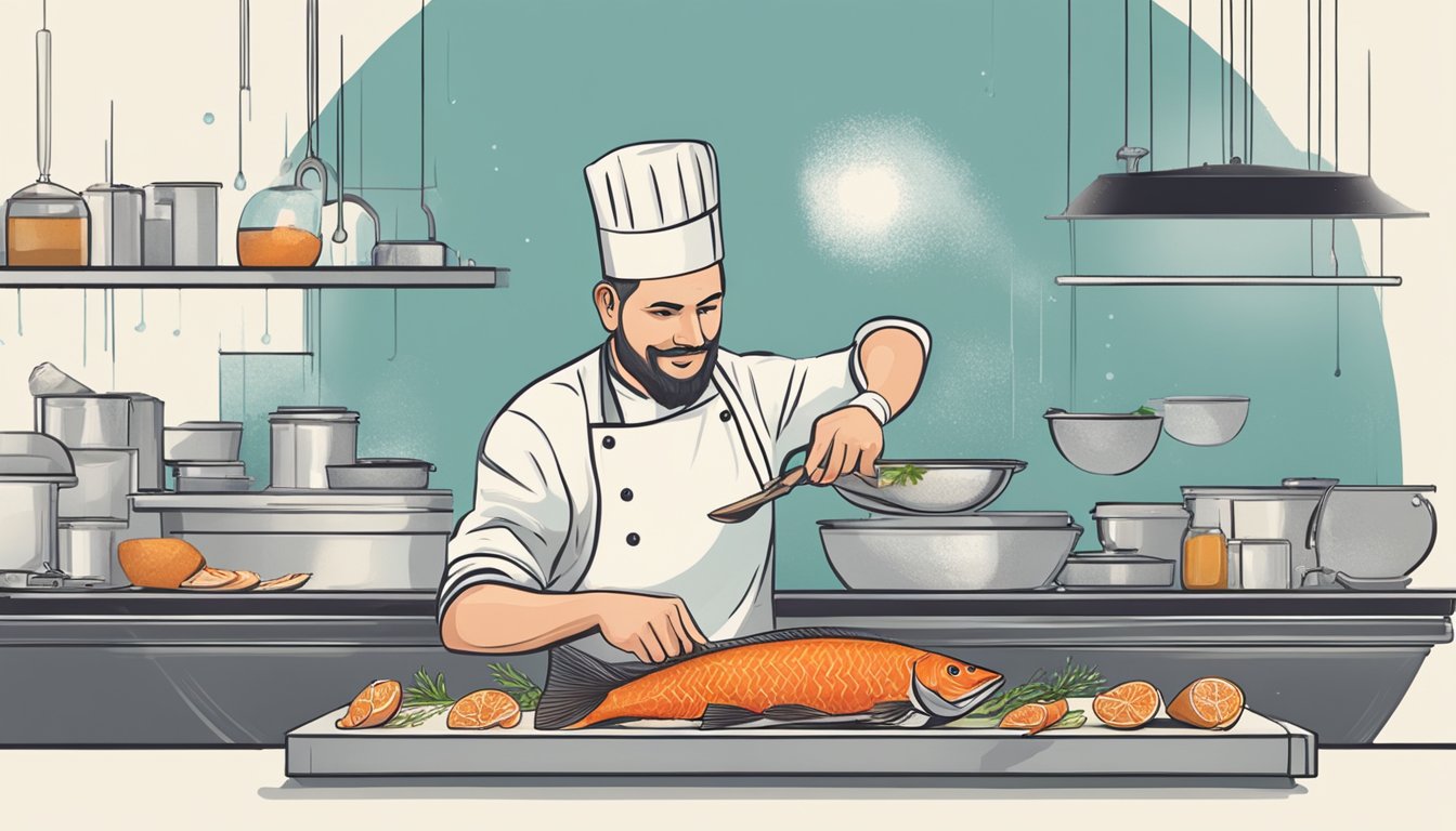 A chef expertly fillets a fish, carefully extracting and preparing the roe for a gourmet dish