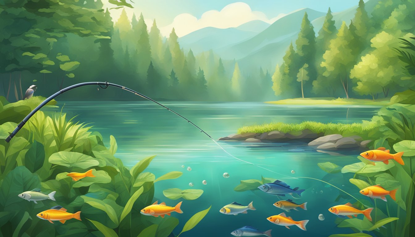 A serene lake surrounded by lush greenery, with a fishing rod and a variety of healthy fish swimming beneath the clear water