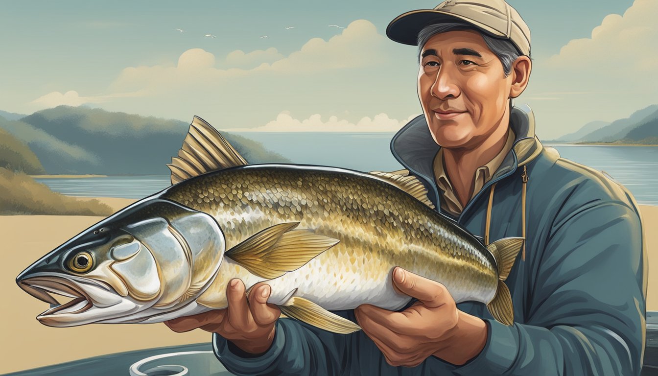 A fisherman proudly displays a freshly caught fish, carefully extracting roe to prepare a delicacy. The roe glistens with freshness, highlighting the importance of utilizing every part of the prize catch