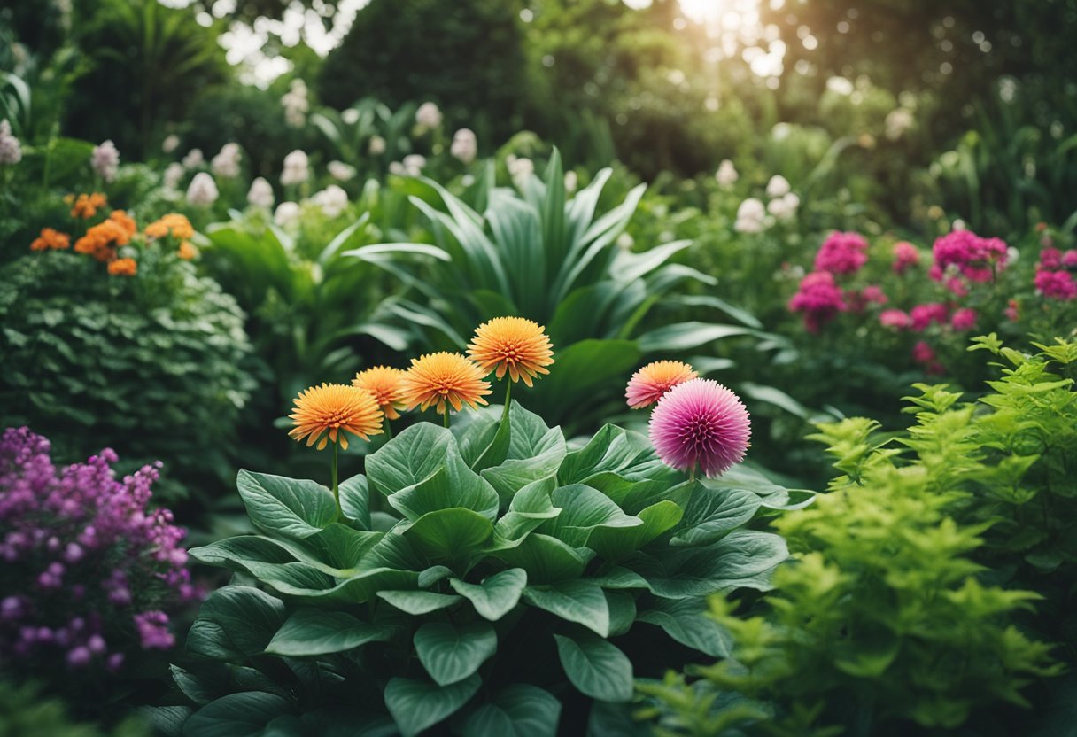 A lush garden with 16 unique corners, featuring various plants, flowers, and decorative elements arranged in a visually appealing and harmonious manner