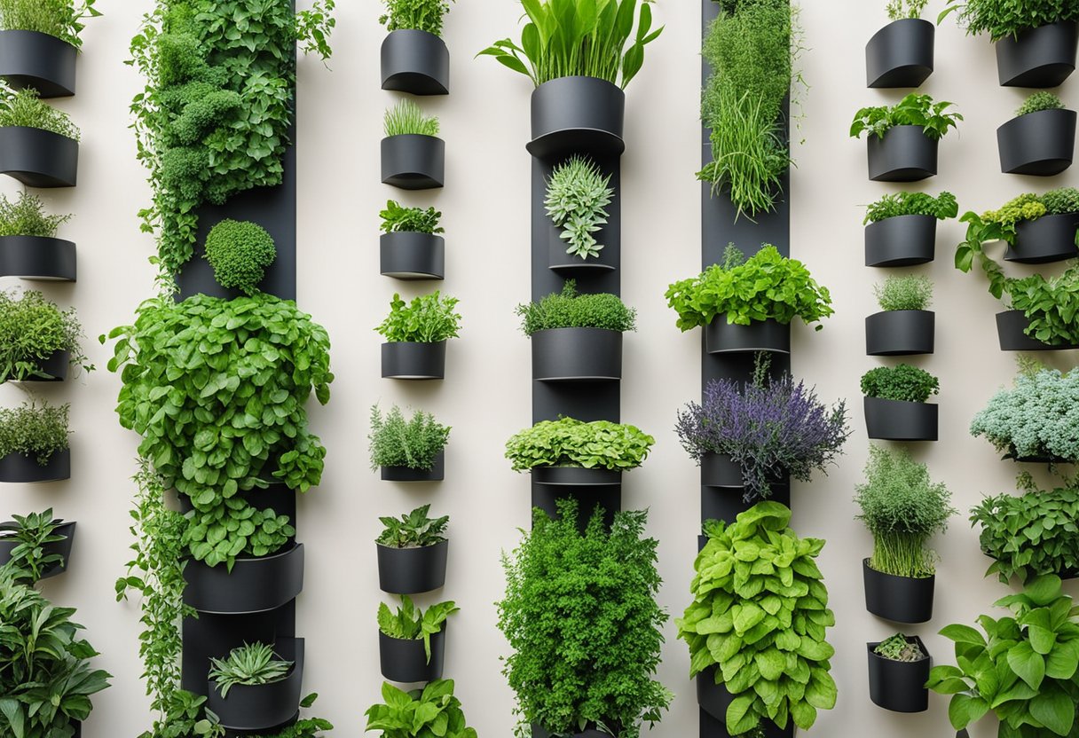 A vertical herb wall with 16 corner garden ideas, featuring a variety of herbs and plants arranged in a vertical garden display