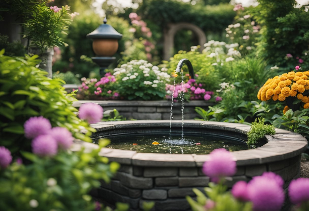 A tranquil corner garden with a small, bubbling water feature surrounded by lush greenery and colorful flowers