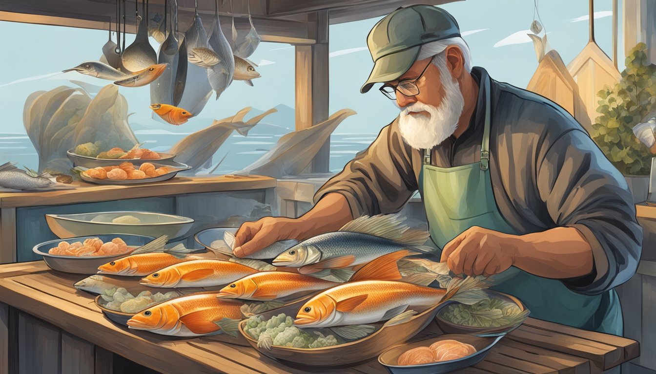 A fisherman carefully extracts roe from a variety of fish, showcasing the different colors, sizes, and textures of the delicate delicacies