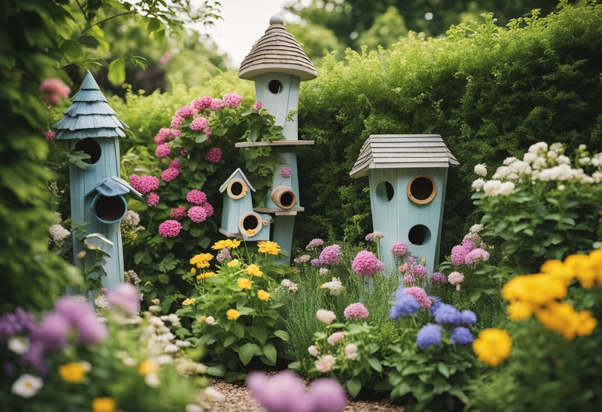 A cozy corner of the garden with a variety of birdhouses nestled among blooming flowers and lush greenery