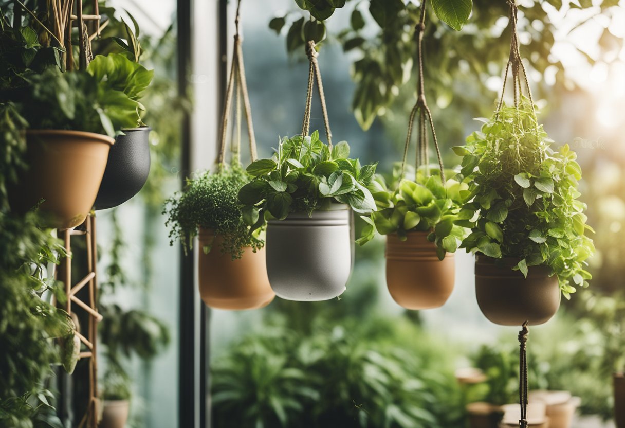 A variety of hanging planters in a corner garden, arranged in an array of 16 different ideas