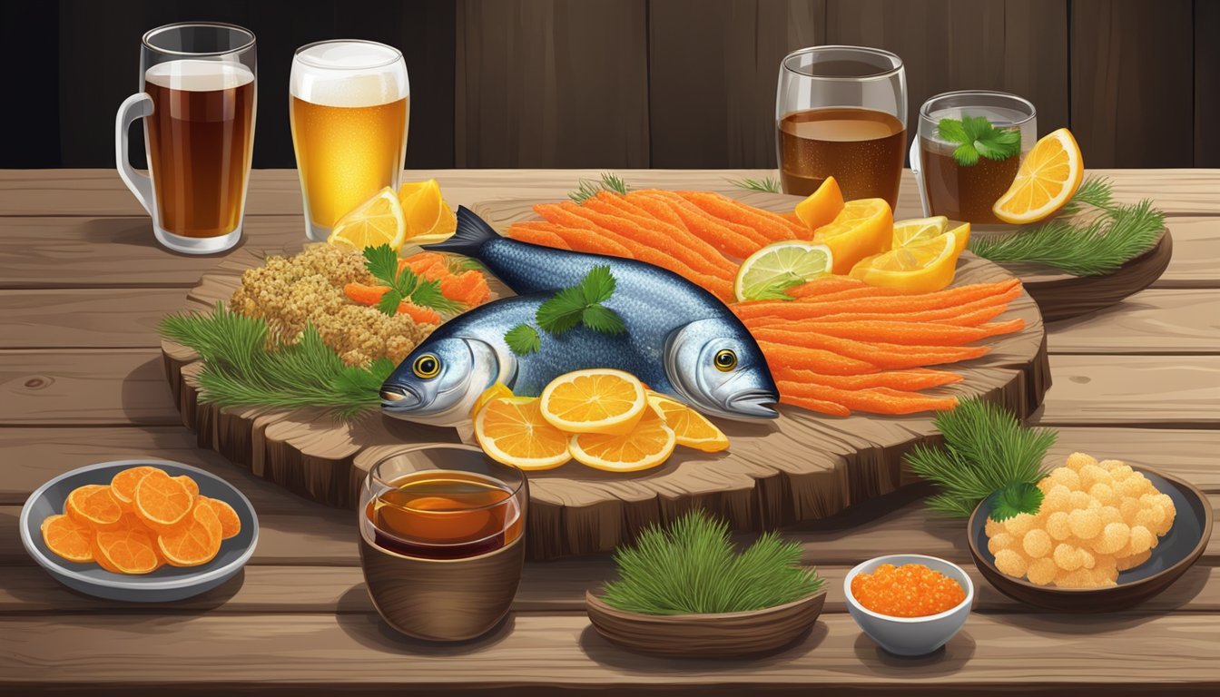 A platter of fish roe delicacies arranged with various beverages on a rustic wooden table