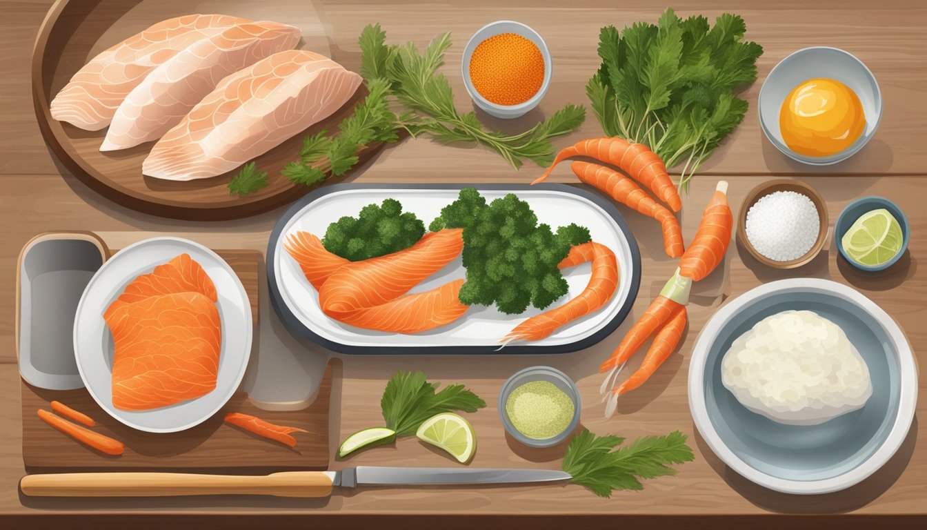 A kitchen counter with various utensils and ingredients for preparing fish roe delicacies, including a cutting board, knife, bowls of roe, and seasoning