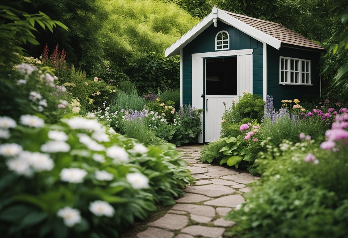 A cozy shed nestled in a lush garden corner, surrounded by blooming flowers and greenery, with a small path leading up to the entrance