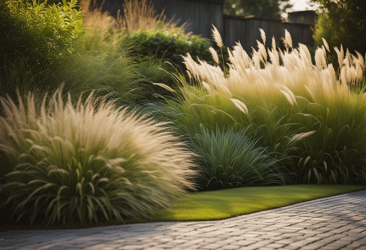 A corner garden with a border of ornamental grasses, featuring various textures and heights, creating a natural and inviting atmosphere