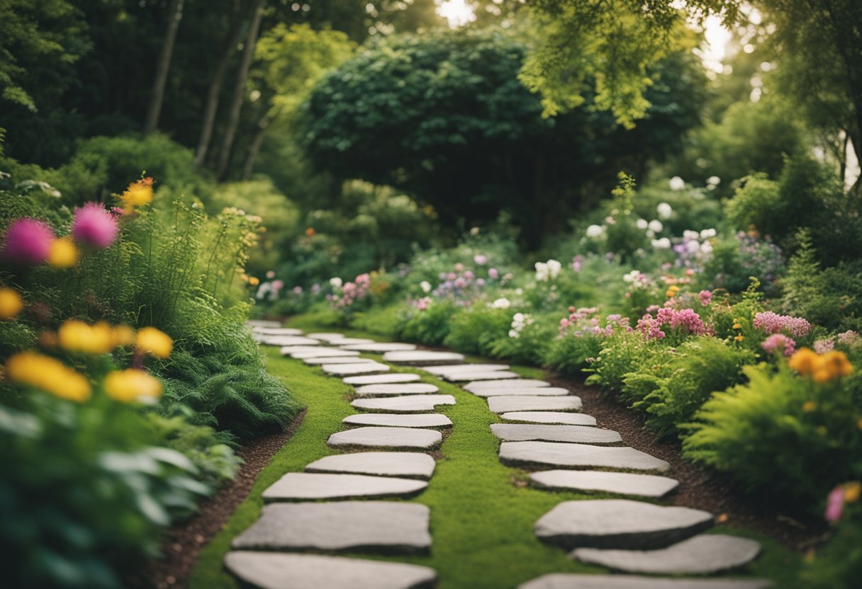 A winding path of stepping stones leads through a lush garden, surrounded by vibrant flowers and foliage