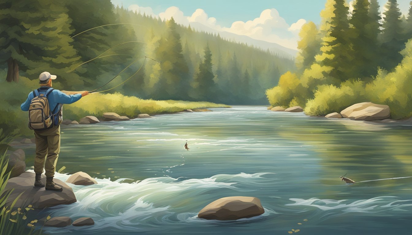 A serene river with a fly fisherman casting his line towards a school of trout jumping out of the water to catch the flies