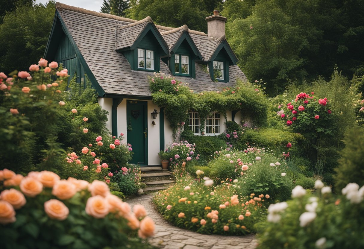 A quaint cottage surrounded by a lush garden filled with vibrant roses in full bloom, creating a picturesque corner scene