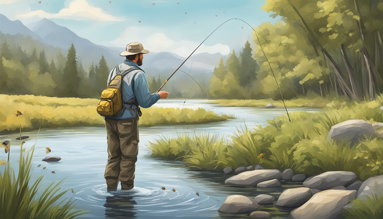 A fly fisher standing in a stream, casting a line towards a cluster of insects hovering over the water