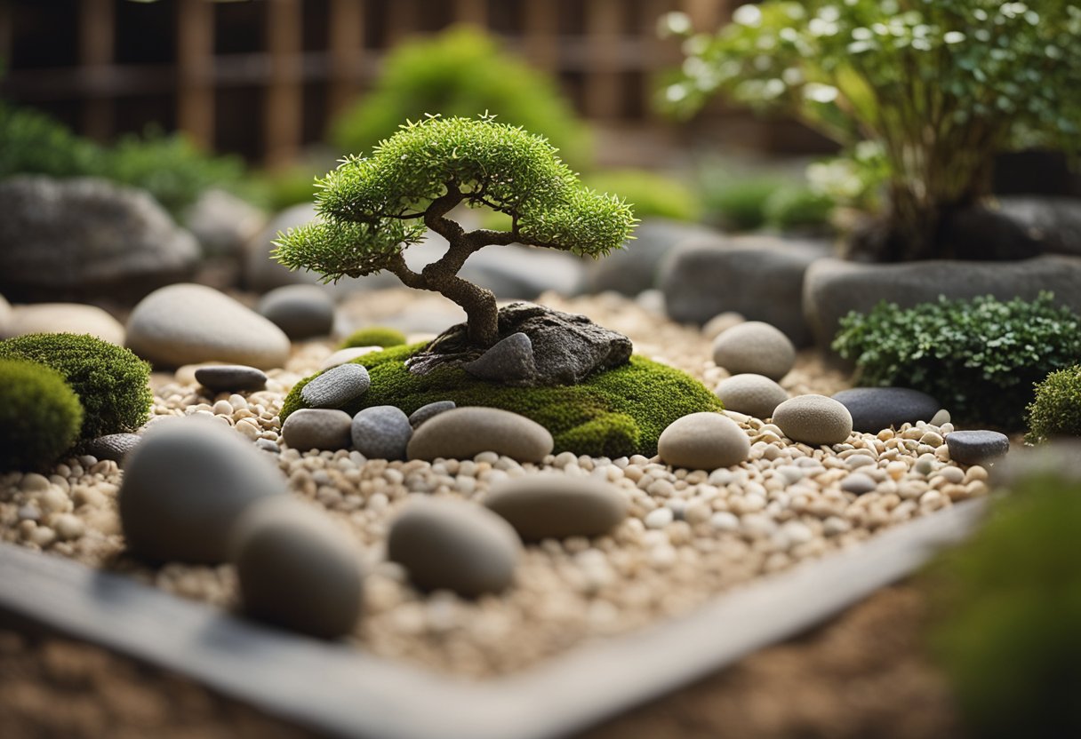 A serene mini zen rock garden with carefully raked gravel, small stones, and a few delicate bonsai trees in a corner of a peaceful garden