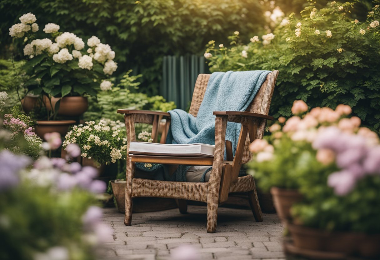 An outdoor reading chair nestled in a lush corner garden, surrounded by blooming flowers and greenery, with a small table for books and a cozy throw blanket