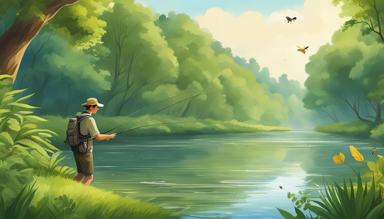 A peaceful riverbank with a fly fisherman casting into the water, surrounded by lush greenery and a variety of edible insect species in the air