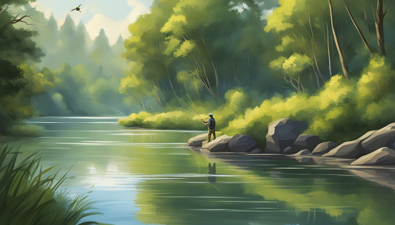 A serene riverbank with a fly fisherman casting into the water, surrounded by lush trees and wildlife