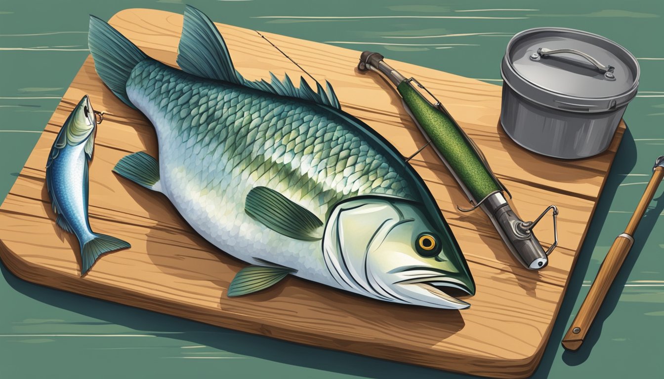 A rustic fishing dock with a tackle box, fishing rod, and a freshly caught fish on a cutting board