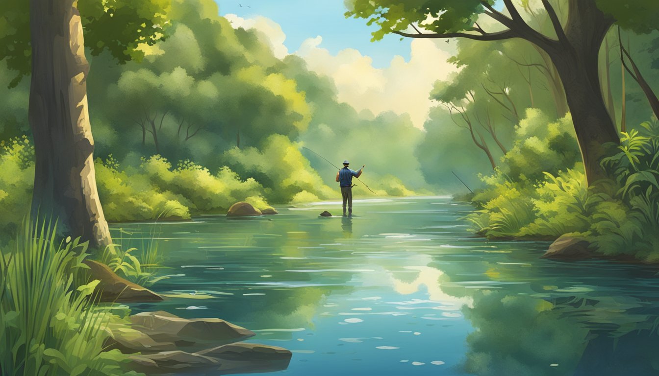 A serene riverbank with a fly fisherman casting into the water, surrounded by lush vegetation and various edible fish species swimming beneath the surface