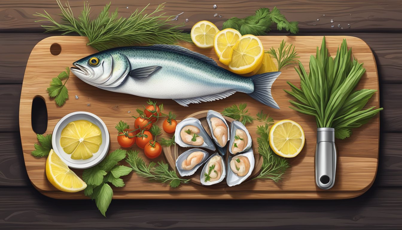 A rustic wooden cutting board holds an assortment of small seafood appetizers, surrounded by fresh herbs and lemon wedges. A fishing rod and tackle box sit in the background