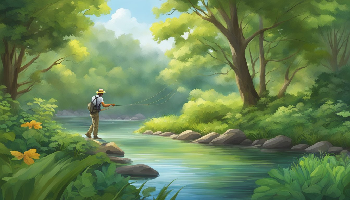 A serene riverbank with a fly fisherman casting into the water, surrounded by lush greenery and a variety of edible species