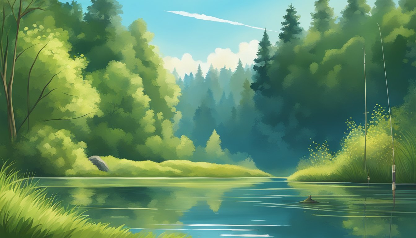 A serene lake with a fishing rod resting on the bank, surrounded by lush green trees and a clear blue sky overhead