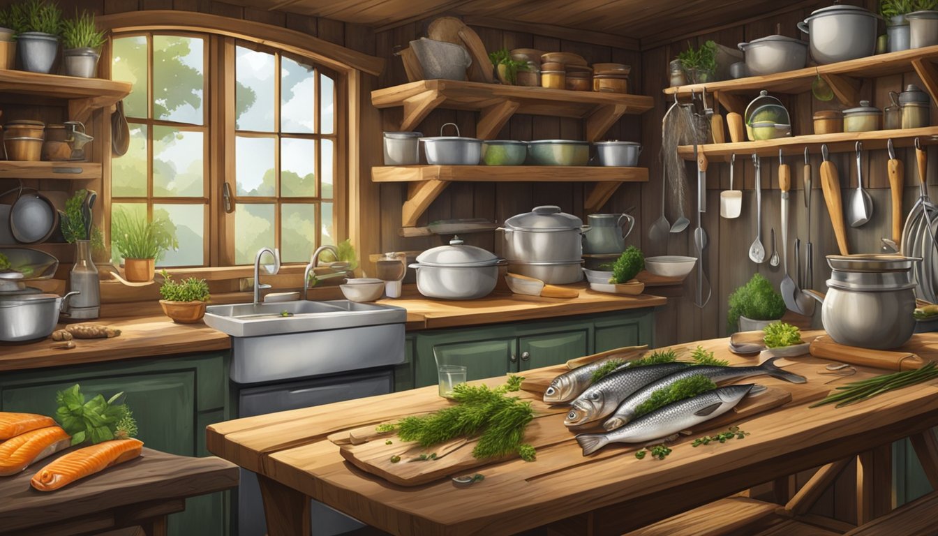 A rustic fishing cabin kitchen with a wooden table spread with freshly caught fish, herbs, and various cooking utensils